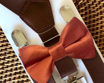 Terracotta Bow Tie & Vegan Leather Suspenders, Cinnamon, Wedding, Rust Bow Tie, Bow Ties, Burnt Orange, Rustic Wedding, Fall Wedding, Boho