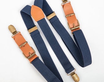 Navy Suspenders w/ Brass Clips, Leather Suspenders Ring Bearer Outfit, Boho Wedding Suspenders, Groomsmen Suspenders Men, Groomsmen Gift