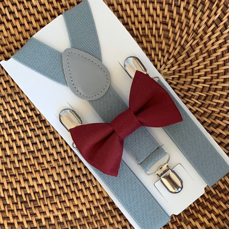 Burgundy Bow Tie Gray Suspenders Boys Suspenders Maroon Bow Etsy
