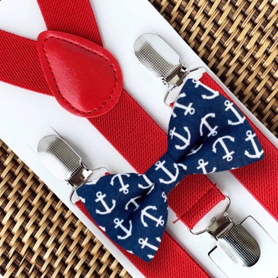 Anchor Bow Tie & Red Suspenders, Beach Wedding, Ring Bearer Outfit, Mens Bow Ties, Suspenders, Little Boy Bow Tie, Fourth of July