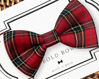 Red Tartan Plaid Christmas Dog Bow Tie, Holiday Cat Bowtie