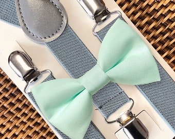 Mint Bow Tie and Grey Suspenders, Beach Wedding, Mint Green Bow Tie, Ring Bearer Outfit, Bow Ties, Bow Ties for Men, Boys- Great Gift Idea!