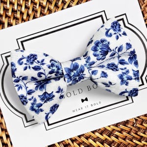 French Blue Floral Dog Bow Tie, Wedding Collar Bowtie Accessory