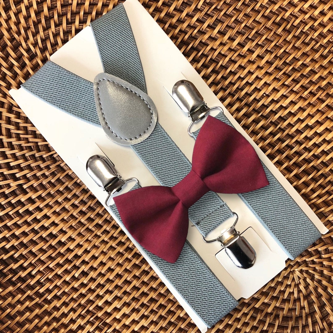 Burgundy Bow Tie & Gray Suspenders Mens Bow Ties Ring Bearer - Etsy