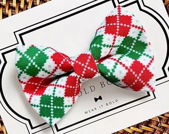 Red & Green Plaid Christmas Dog Bow Tie, Holiday Pet Collar