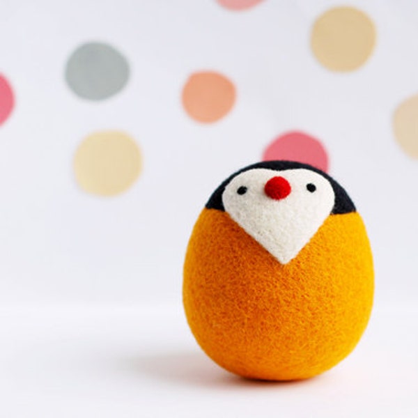 Orange Felt Penguin Valentines Day Gift Present Love Heart Nursery Decor Soft Sculpture Needle Felted Animal Unigue Natural Toy