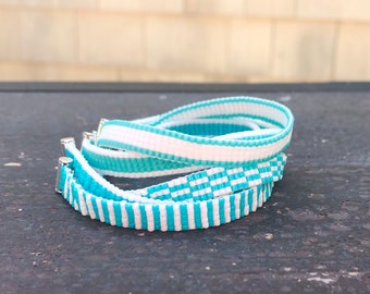 Turquoise Blue Green and White Stripe Seed Beaded Woven Stackable Bracelet Gift for Her Silver Clasp