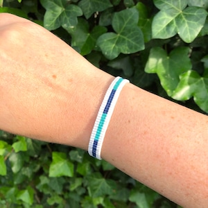 Striped Seed Bead Loom Bracelet: Navy, Turquoise, & White with Gold Clasp