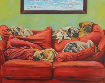 Five Pugs on a Red Couch-Giclee Print