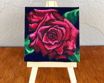 抽象的なバラの絵画：オリジナルの花のアート、5x5インチのテーブル