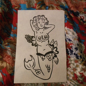 Pinup Mermaid with Flowers Traditional Tattoo Style Linoleum Cut Fine Art Print