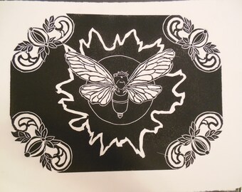 Black Cicada Lino Cut with Filigree