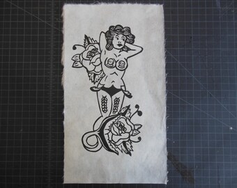 Black Sailor Jerry Tattoo Style Linoleum Mermaid Print