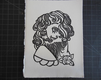 Bearded Lady Linoleum Cut Print Circus Freak Sailor Jerry