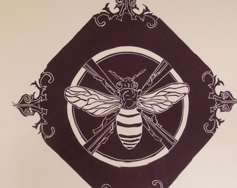 Bumble Bee Linoleum Print with Filigree