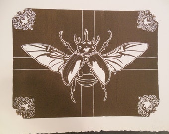 Rhinoceros Beetle Lino Cut with Filigree