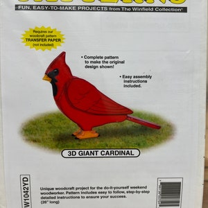 Patrón de papel para cardenal gigante 3D, patrón de carpintería, colección Winfield, W1142YD, fácil de hacer, patrón de tamaño completo, pájaro cardenal gigante 3D