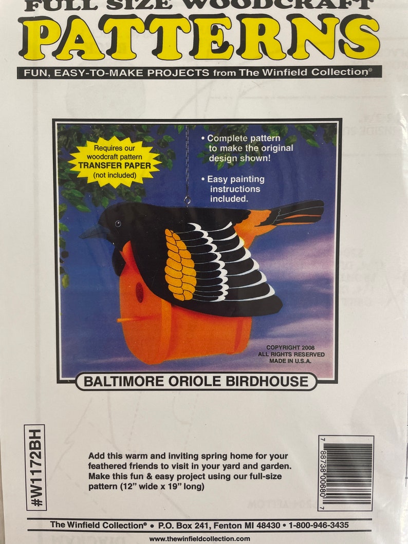 Baltimore Oriole Birdhouse Paper Pattern, Woodcraft Pattern, Winfield
