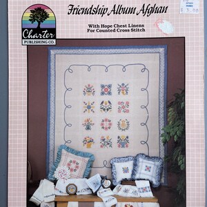 Friendship Album Afghan, CP 109, Charter Publishing Co., 1989, Counted Cross Stitch, Vintage but new, Flowers, Basket, ribbon, borders.