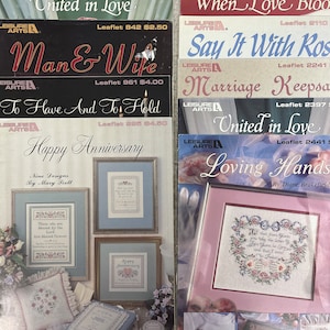 Buyer&#39;s Choice, NEW but Vintage Counted Cross Stitch Books, 1984-1993. Wedding/Anniversary/Love Samplers, Leisure Arts Counted Cross Stitch