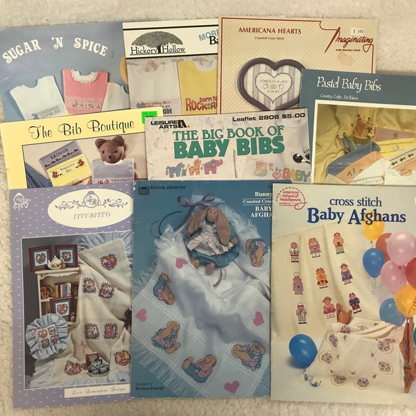 Buyer's Choice, Vintage Baby Counted Cross Stitch Books, Bibs, Afghans, Announcements, Bunnies, Bears, Pillows, Borders, Birth Announcements