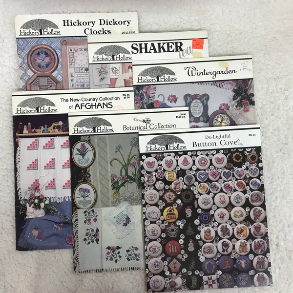 Buyer's Choice, NEW but Vintage Hickory Hollow Cross Stitch Books, Clocks, Tea Pot Cover, Flowers, Afghans, Button Covers, ABCs, Tea Towels