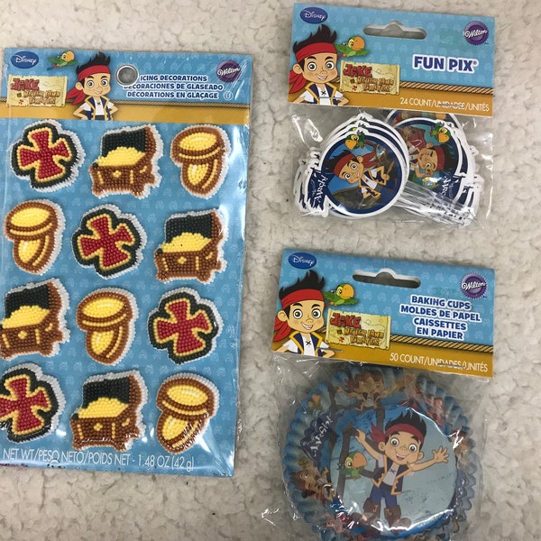 Buyer's choice, New Disney Jake and the Never Land Pirates icing decorations, Fun Pix, Cupcake baking cups, Party supplies, Pirates