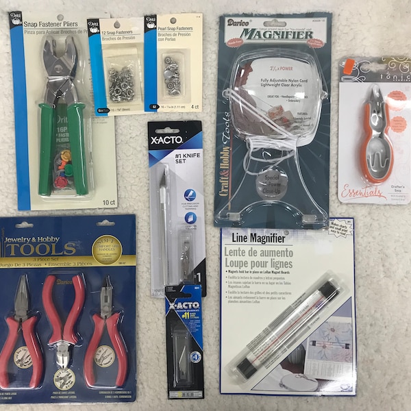 Buyer's Choice, Vintage & New assorted crafting tools, Jewelry Tools, Snap fastener Pliers, Crafters snip, Line Magnifier, X-acto, Magnifier