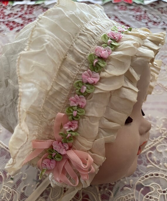 Antique All White Silk Baby Cap w Pink Silk Flowe… - image 4