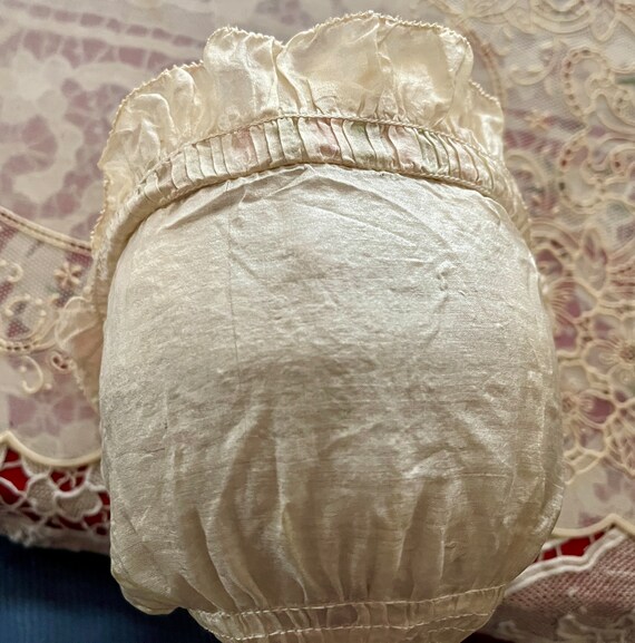 Antique All White Silk Baby Cap w Pink Silk Flowe… - image 7