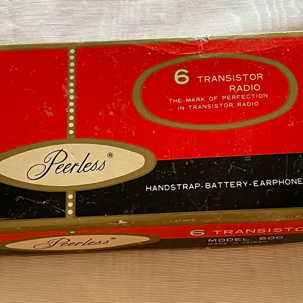 1960's~6 Transistor Peerless Radio in Original Box w. Orig. Hand Strap & Earphone~Black 'n Silver