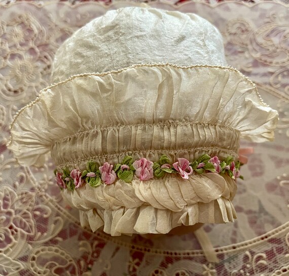 Antique All White Silk Baby Cap w Pink Silk Flowe… - image 9