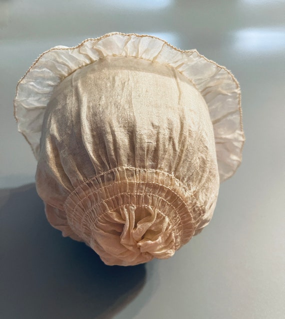 Antique All White Silk Baby Cap w Pink Silk Flowe… - image 3