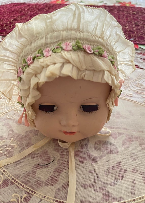 Antique All White Silk Baby Cap w Pink Silk Flower