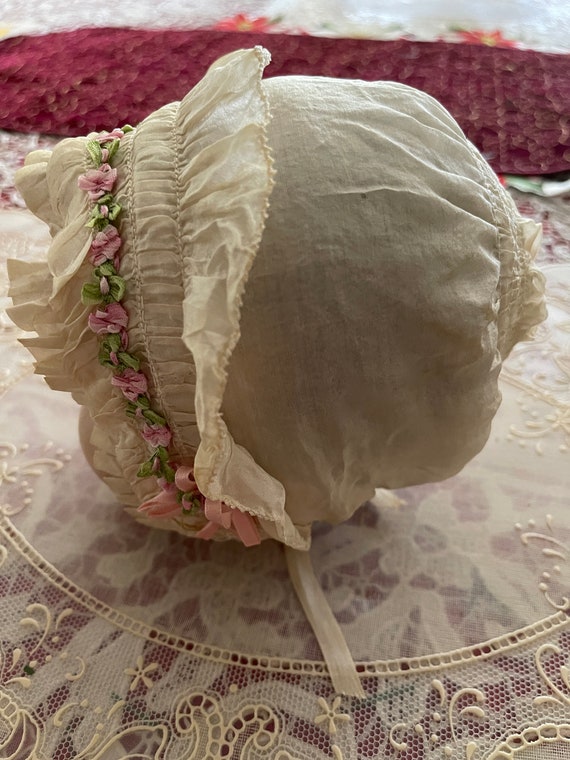 Antique All White Silk Baby Cap w Pink Silk Flowe… - image 6