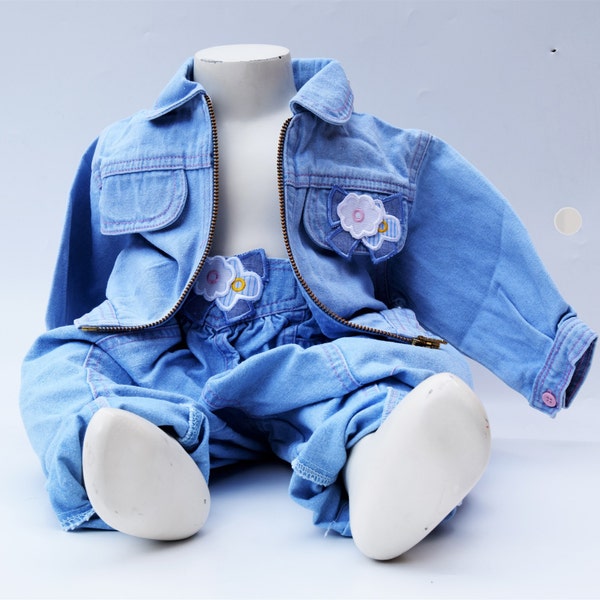 vintage jeans baby jacket and pants cotton chambray summer jeans girlsclothing wedding flowerpower retro 1980's new old stock 9-12-18 months