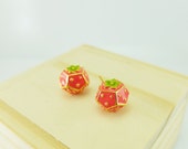 Pink, Strawberry Earrings, Fruit Earring, Handmade Enamel, Stud earrings