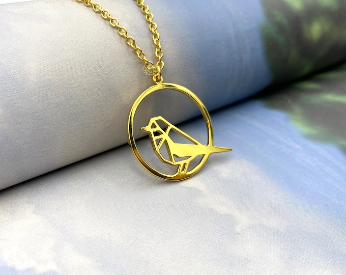 Geometric Robin bird necklace, bird nerd necklace for women, bird watching gift, Gold Plated necklace