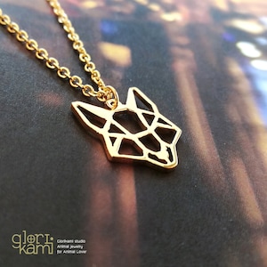 Geometric Fox Head Necklace, Animal jewelry for men, Birthday Gift for him, Gold plated Brass Pendant, Design by Glorikami