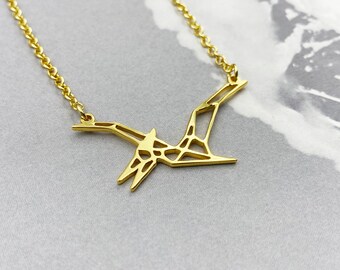 Pterodactyl Necklace: Gold or Silver Plated Origami Dinosaur Jewelry