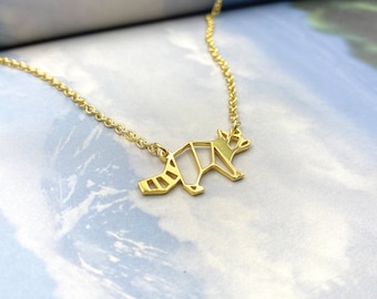 Raccoon Necklace, Origami Animal Jewelry, raccoon gifts, Geometric charm, forest Jewelry, Gold Plated pendant, Design by Glorikami
