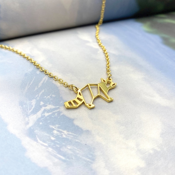 Raccoon Necklace, Origami Animal Jewelry, raccoon gifts, Geometric charm, forest Jewelry, Gold Plated pendant, Design by Glorikami