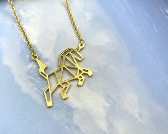 Origami Unicorn necklace, Magical Horse Pendant, fantasy Necklace for Women, Geometric Necklace, Gold Plated