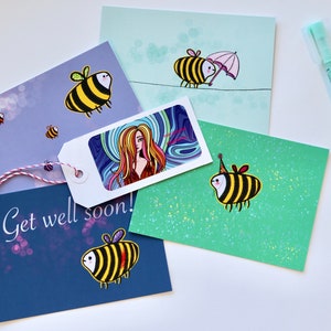 4 Original Art Prints, Beenzzz by Studio PluckyPuck, Greeting Card, Get Well Soon, You Can do It, Happy Birthday, Spring, A6 size