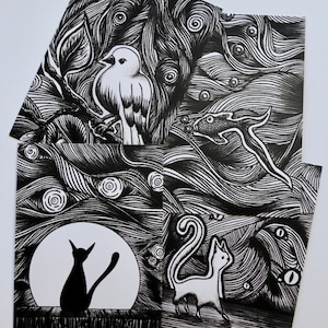 4 Black & White Animal Art Prints, Greeting Cards, A6 size, Cat, Cats, Bird, Fish, Modern Design, Original Design