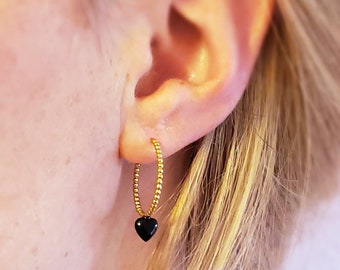 Hoop Earrings with Onyx Heart // Chic Earrings with Black Onyx Pendant // Sterling Silver