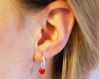 Hoop Earrings with Coral Heart // Chic Earrings with Red Coral Pendant // Sterling Silver
