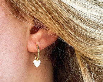 Hoop Earrings with Mother of Peal Heart // Chic Earrings with Mother of Pearl Pendant // Sterling Silver