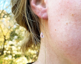 Delicate Pull-Through Earrings in Sterling Silver with Rose Quartz // Earrings with faceted gemstone drop