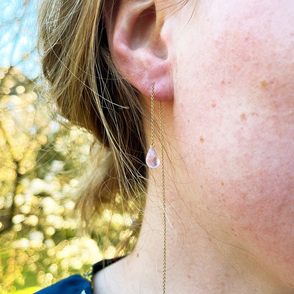 Delicate Pull-Through Earrings in Sterling Silver with Rose Quartz // Earrings with faceted gemstone drop